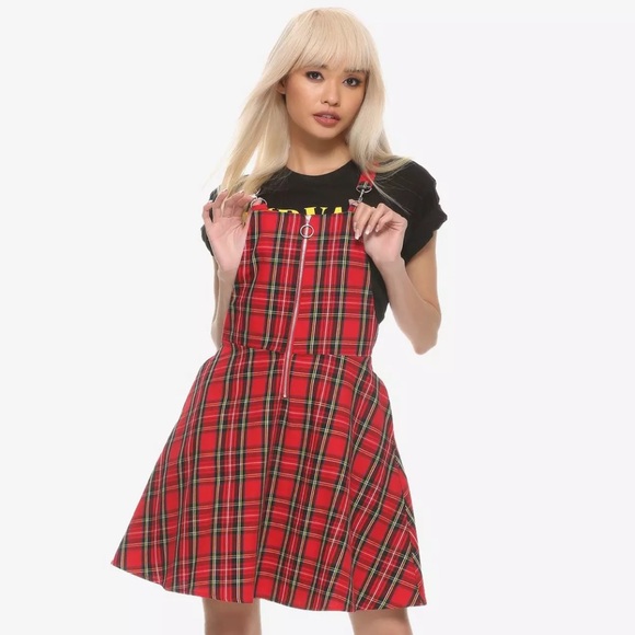 Hot Topic Dresses & Skirts - Hot Topic Red/Black Plaid O-Ring Skirtall Overall Zipper Dress